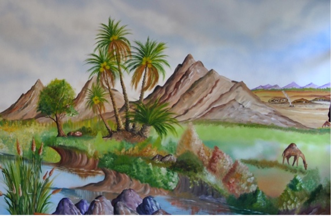 Omar o’Zayed - Paysage oasien peint sur mur de classe