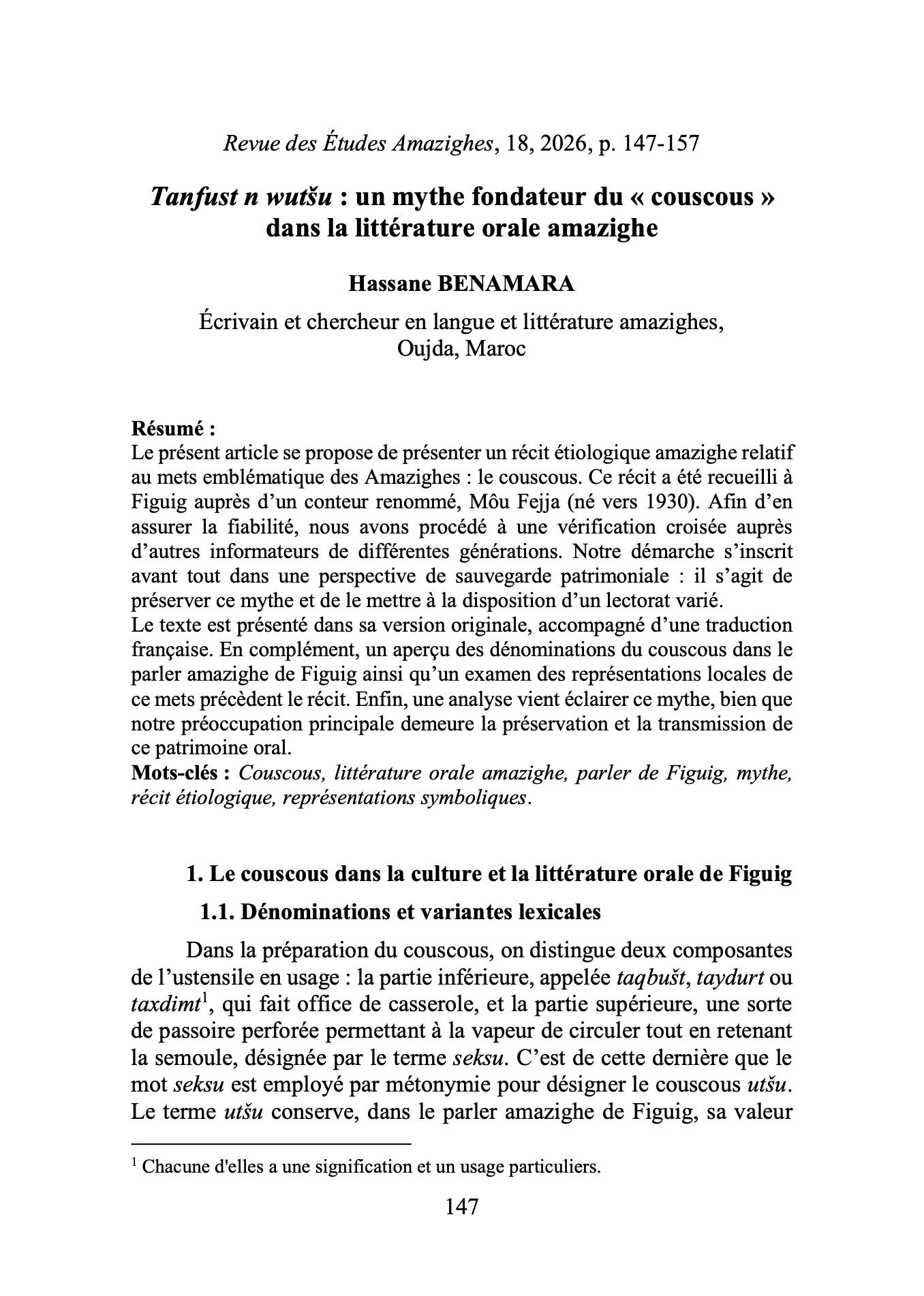 Tanfust n wutšu : un mythe fondateur du « couscous » dans la littérature orale amazighe